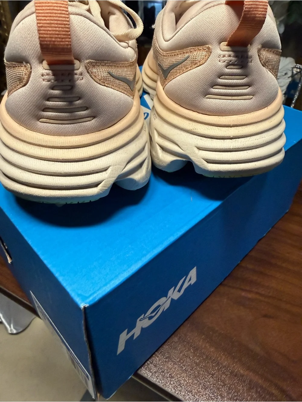 Hoka Bondi 8 Women's Athletic Shoes in Pale Peach with Neon Yellow Accents